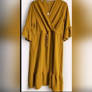 SEVEN ISLANDS Mustard Yellow Ruffle Hem Midi Length Dress Size MED NWT
